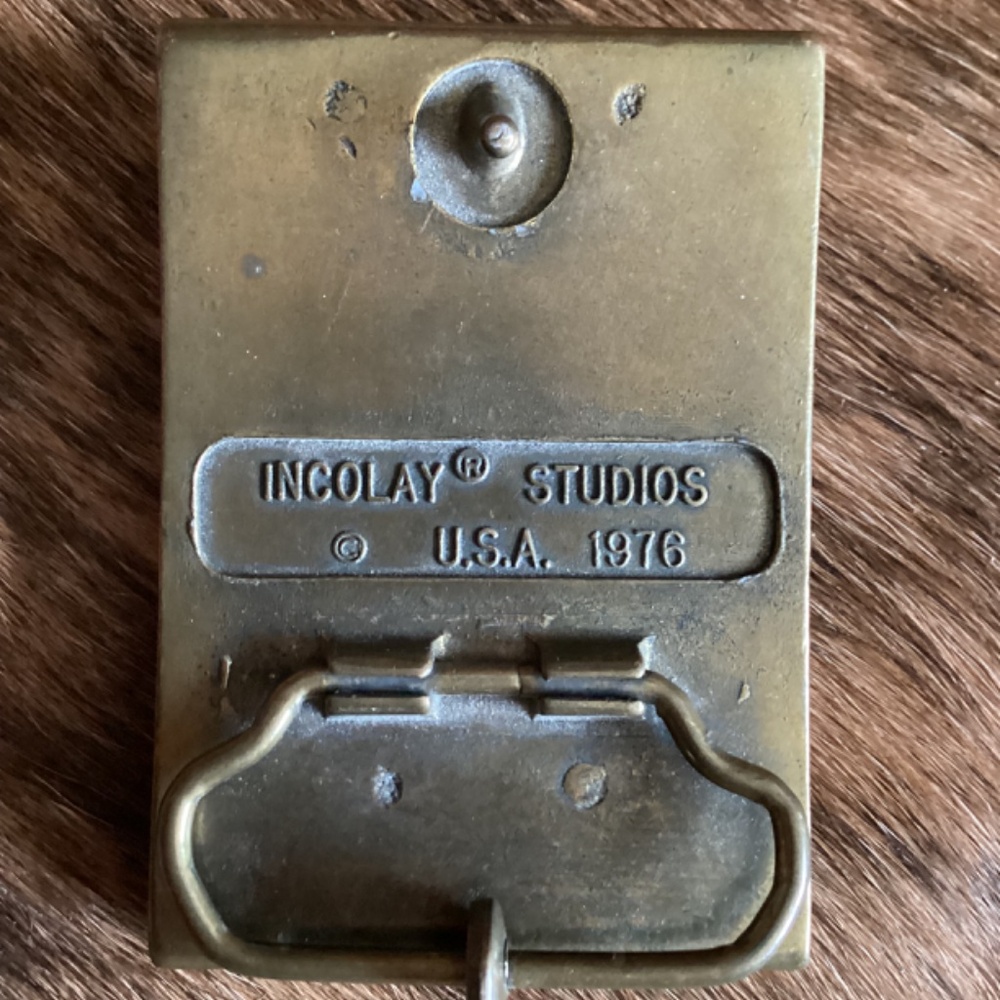 Vintage Incolay Studios USA 1976 Brass Stone Horse Belt Buckle - Picture 8 of 9